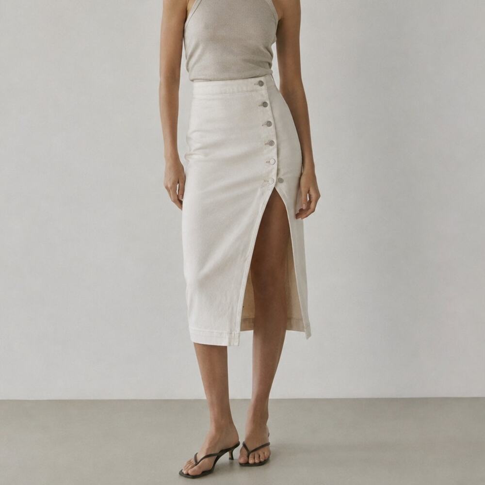 Free People Skirt Asymmetric 0 Off-White Denim Pencil Jasmine Button Midi NWT